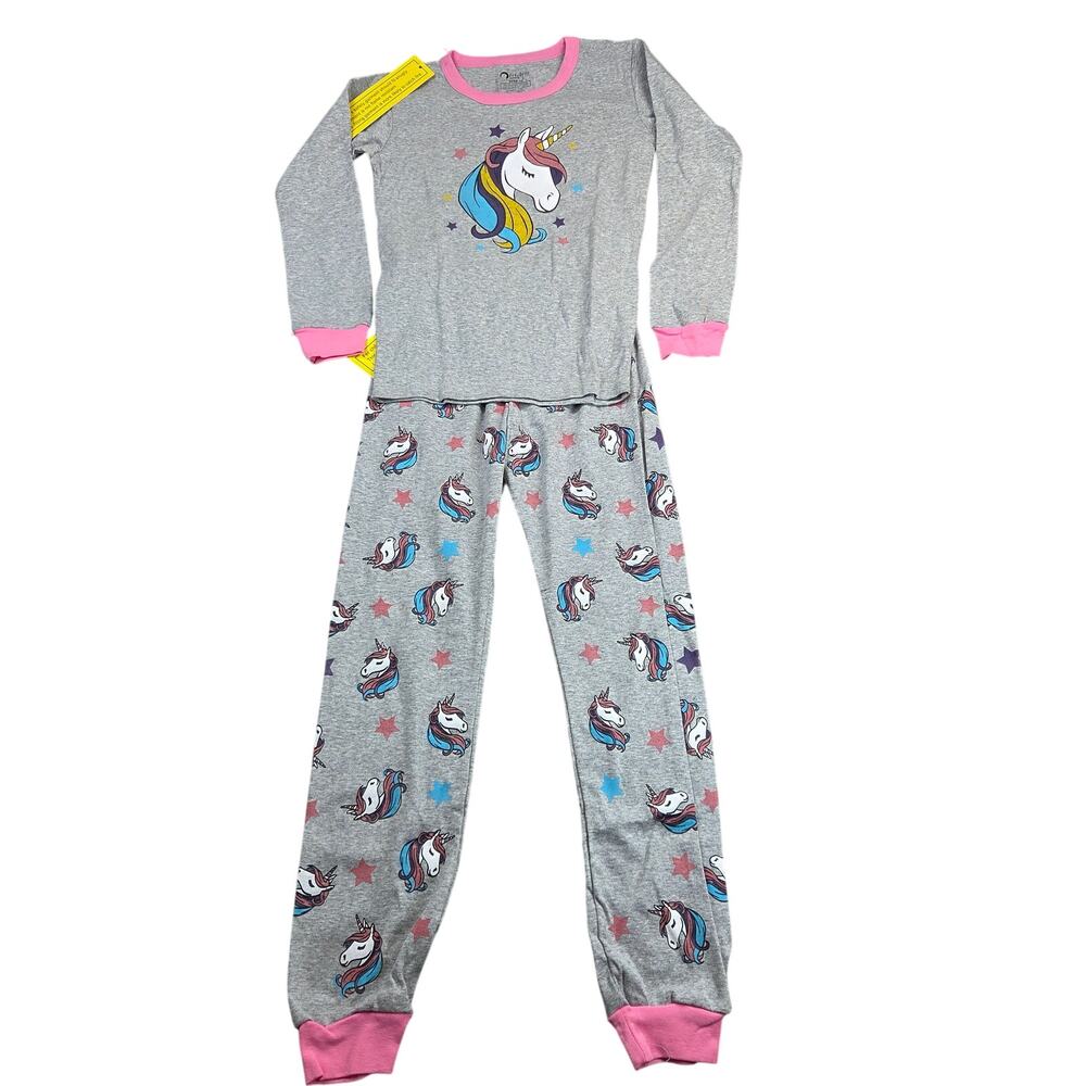 Bebebear Girls Size 10 Unicorn Pajama Set Gray Pink Cotton Snug Fit 2 Piece